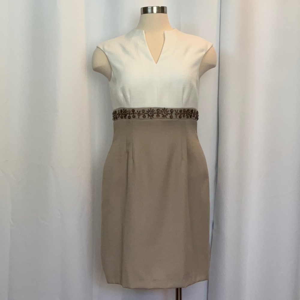 NWT Tahari ASL Cream Taupe Brown Beaded Dress Women Size 10